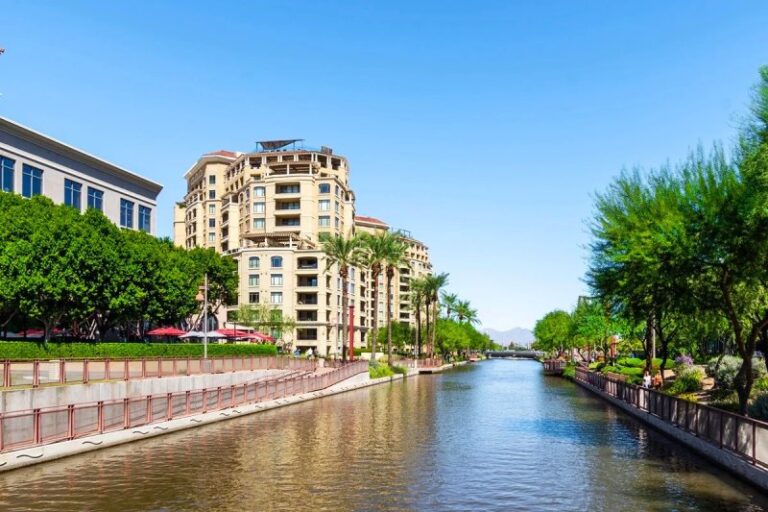 Scottsdale Waterfront promenade with public art and dining