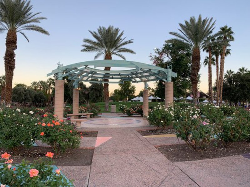 Paved path through blooming rose beds leading to a pergola surrounded by palm trees at Civic Center Park in Palm Desert, California